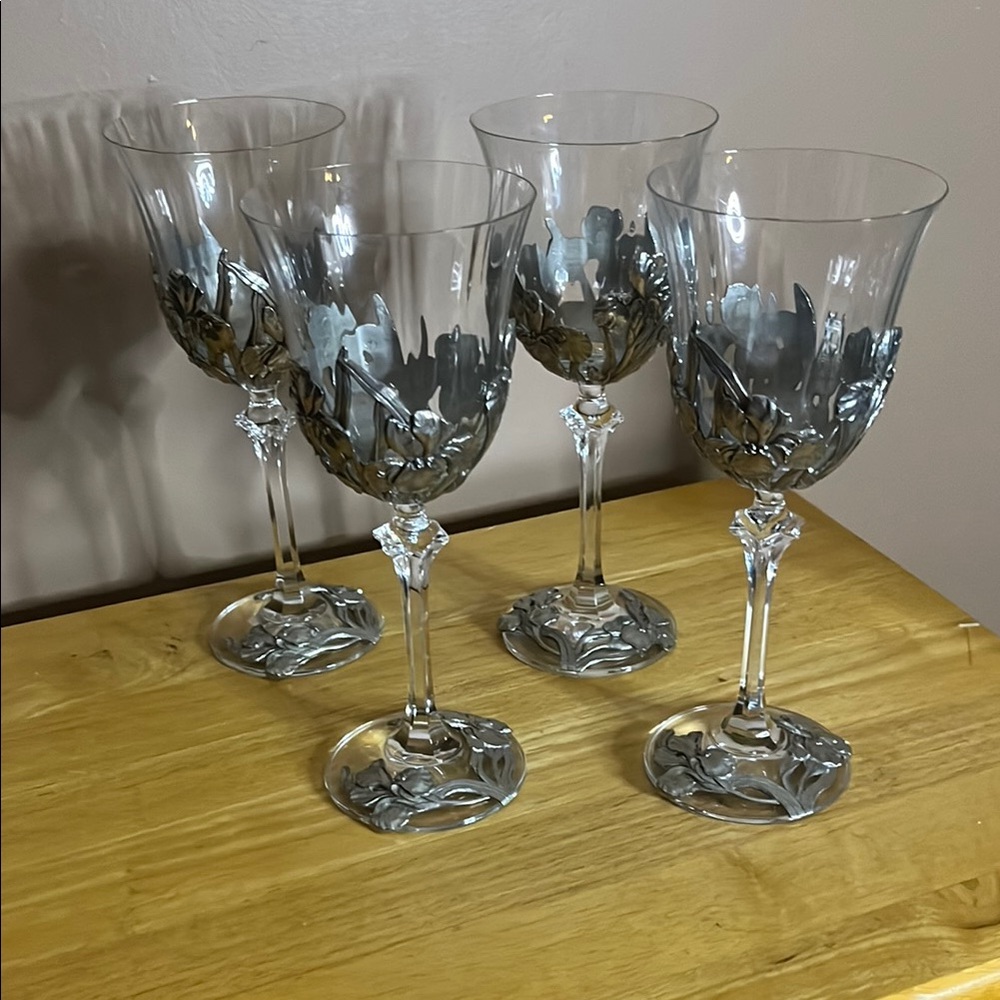 😄Vintage Royal Selangor crystal and pewter wine glasses (4)